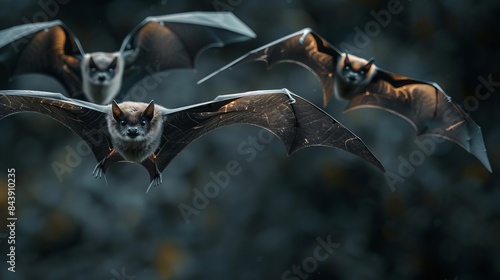 Spooky Bats Focus on bats flying in the night sky, with a dark background, empty space left for text