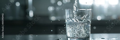 Fresh water is poured into a transparent glass. Splash in a glass, drop of water falling into a glass