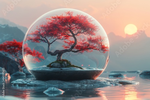 Glass sphere containing an island with a red bonsai tree, the moon is in the sky behind it