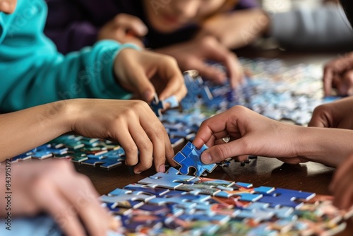 Group of people working on a colorful jigsaw puzzle. Close-up indoor photography. Teamwork and collaborative activity concept for design and print.