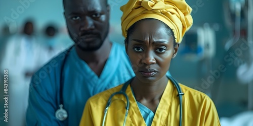 Exhausted African scrub nurse and saddened black doctor in hospital. Concept Medical Team, Healthcare Workers, Stress and Exhaustion, Diversity and Empathy, Hospital Scene