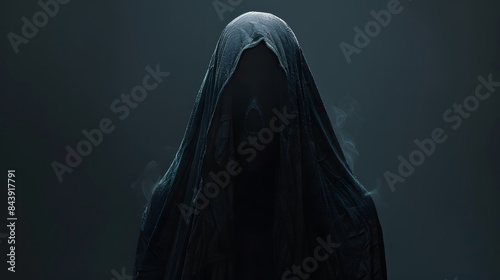  mysterious hooded figure wearing dark , isolated on a black background with copy space