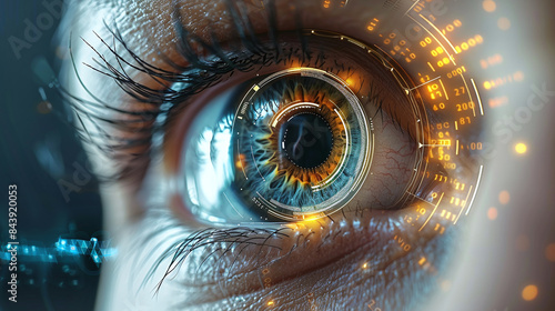A detailed closeup of a human eye, showing the iris and pupil, circular graphical element symbolizing vision analysis or ophthalmology diagnostic technology.
