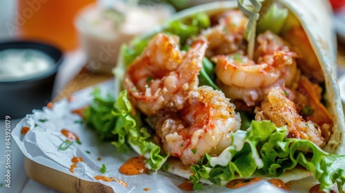 A tasty shrimp wrap sandwich made with spicy homemade sauce lettuce tomato and tartar sauce