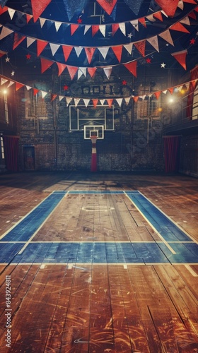 Basketball court with a basketball hoop and flags hanging from the ceiling
