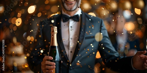 Man in tuxedo holding champagne bottle celebrating New Years Eve with confetti. Concept Celebration, New Year's Eve, Tuxedo, Champagne Bottle, Confetti