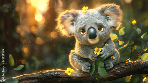 A cute little shy koala sitting on a tree branch holds a small yellow flower in its paws against the backdrop of the forest and sunset. Funny wild animals.
