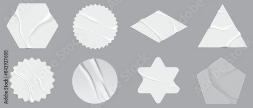 White stickers mockup. Blank labels of different shapes, circle wrinkled paper emblems. Copy space. Stickers or patches for preview tags labels.Vector illustration. eos 10. isolated on gray background