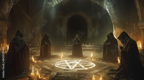 Mysterious cloaked figures in a dark room performing a ritual around a glowing pentagram, surrounded by candles and ancient architecture.