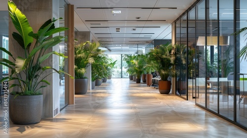 Modern Office Interior with Plants and Natural Light in Long Corridor