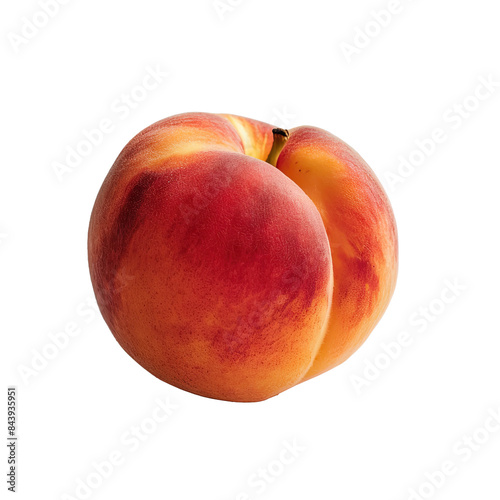 Ripe Peach with Leaf on White Background, A single succulent peach with a fresh green leaf attached, its surface dewy and inviting, showcased on a white background.