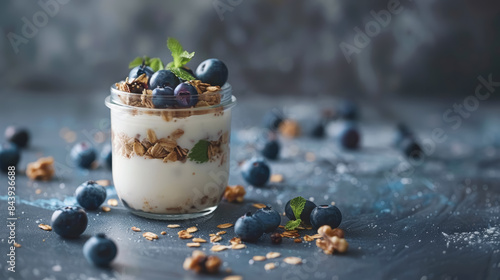 A glass jar with yogurt, muesli and blueberries, sprig of mint for garnish. Healthy eating concept.