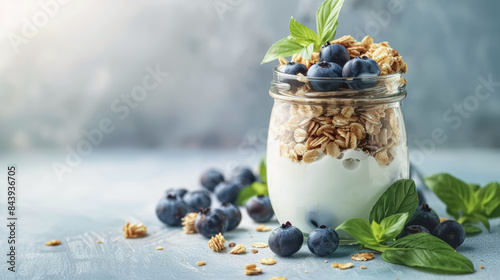 A glass jar with yogurt, muesli and blueberries garnished with a sprig of mint. Healthy eating concept.