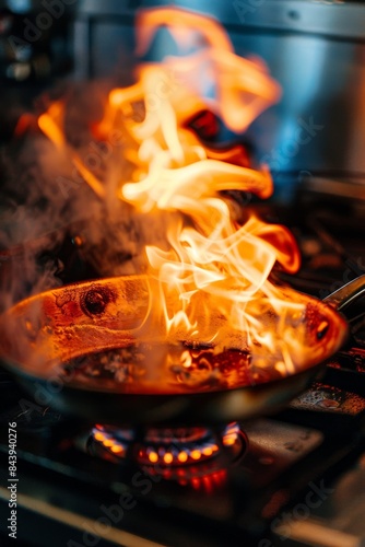 Flames Erupt From A Pan On A Kitchen Stovetop