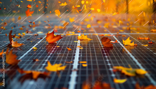 Fallen autumn leaves on solar panels in rain, concept of renewable energy and seasonal change