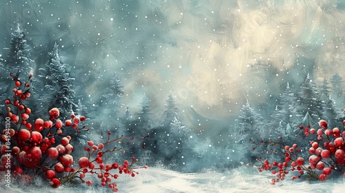 Hand-painted Christmas background with festive elements and snowflakes sprinkled throughout.