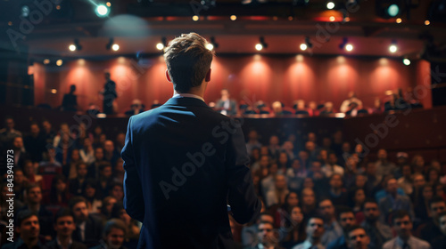 Man speaking to a focused audience from the rear in a lecture hall