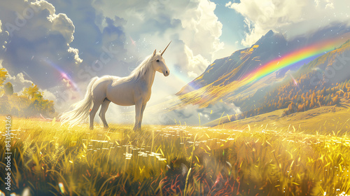 A magical unicorn in a field with a rainbow background