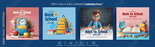 set of Editable Sale Promotion Instagram post banner template for back to school event, School admission social media post ads or kid online learning square flyer or poster bundle