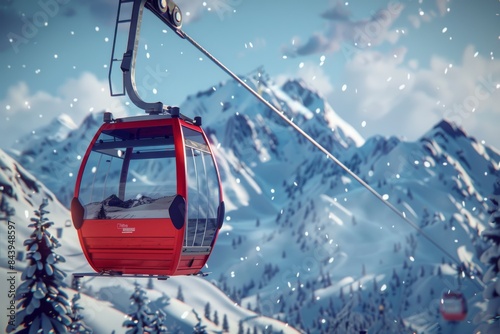 Red Gondola Ascending Snowy Mountain Range in Winter