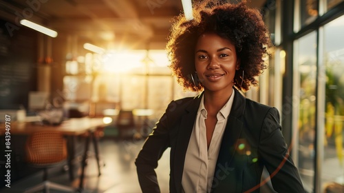 A confident and stylish businesswoman in a tailored suit stands confidently in the middle of a sunlit open-plan office, her warm smile radiating success.