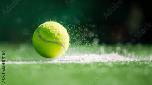 A tennis ball hits the white line of a lawn tennis court kicking up white powder.