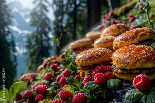 A culinary incredible: delicious agrestic cheeseburgers ripen in the forest on the slopes of a mountain valley. Surreal-fantastic image.