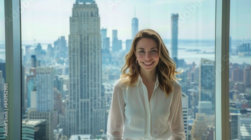 Picture of a charming American woman with a captivating smile, standing in front of a large window in a skyscraper, admiring the city view and looking at the camera.