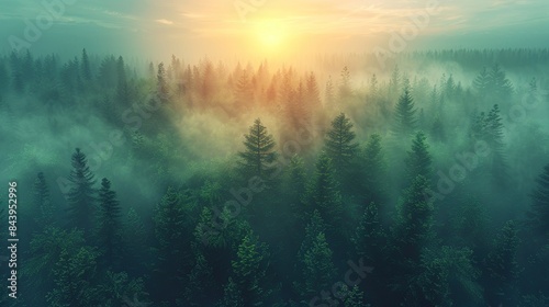 Aerial view of the lush green wilderness full of large trees is beautiful at sunset. The surface of the forest is shrouded in mist with warm sunlight.