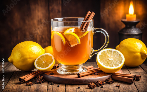 Hot Toddy tea with cinnamon, honey and lemon, spiced hot drink for autumn or winter cozy nights, mulled wine, grog, punch cocktails