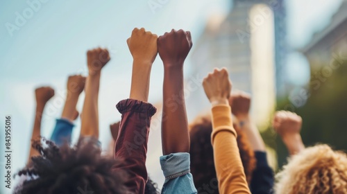 Picture of a group of activists discussing a social justice issue, their hands raised in solidarity,