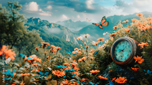 Paysage de montagne avec papillon et horloge