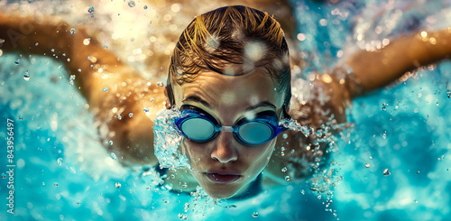 Poster of a female athlete during a butterfly swim in the pool, selective focus, water sports