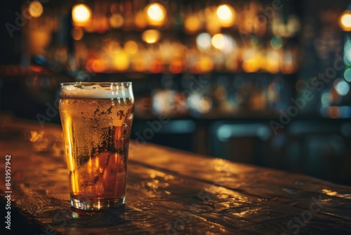 Glass of cold fresh lager beer on a wooden bar counter in pub. Beer and blurred sparkling bar background