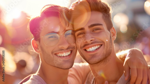 Smiling couple embracing warmly under the sunlight, enjoying a joyful moment together outdoors