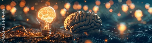 A glowing light bulb illuminating a brain, surrounded by bokeh lights.
