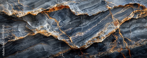 Closeup of textured rock surface with blue, grey, and orange tones.