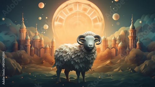 Sheep standing with moon and mosque Islamic background, Eid ul Adha Mubarak background