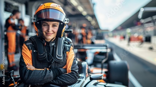 A female racer with a beaming smile at a go-kart track, representing women's involvement in motorsports