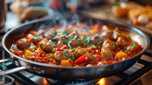 A skillet with meatballs and colorful vegetables simmering over a gas stove, suggesting a tasty meal preparation