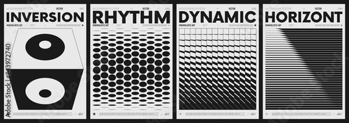 Modern abstract poster collection, vector minimalist posters with geometric shapes in black and white, brutalist style inspired graphics, bold aesthetic, shape distortion effect set 11