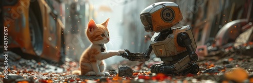 A robot petting an orange and white cat 