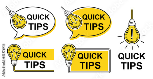 Quick tips, did you know, helpful advice, useful learning information icon set. Hint, expert help, important fact news. Speech bubble, electric light bulb. Idea, education knowledge. FAQ answer vector