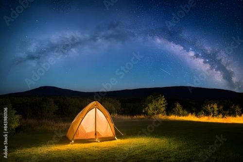 美しい山の自然の中のキャンプ、満天の星空の下にテント