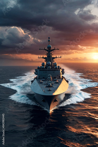 Rocket cruiser military modern warship sailing in open stormy sea at sunset cloudy sky, naval military control of sea. Protection of water state borders. Naval forces army concept. Copy ad text space