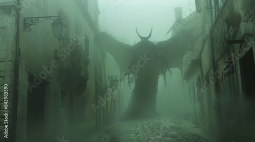 A large, menacing creature looms at the end of a foggy, narrow street