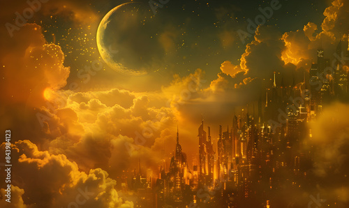 A large yellow moon in the sky over a dark ocean, Conceptual image of Venus, showcasing its cloudy atmosphere and surface details from an elevated viewpoint.