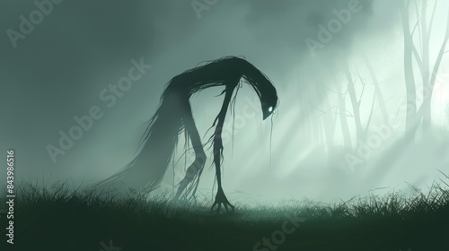 A creepy image of a monster-like creature with long hair in a foggy forest.