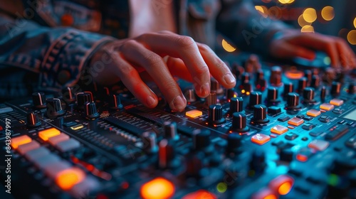 Close-up of a DJ's hands adjusting knobs and sliders on a digital mixing console with vibrant LED lights
