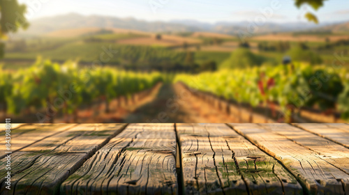 Blurred sunny vineyard in the background of an empty wooden table